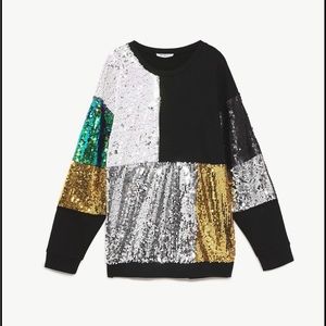 Zara Sequinned Patchwork Sweatshirt. Size M